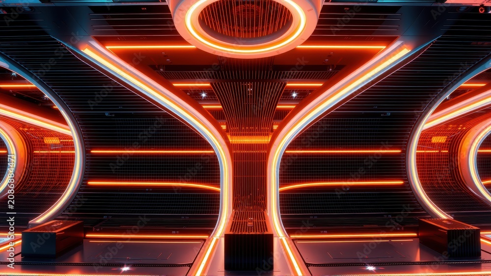 Fototapeta premium Futuristic corridor. Orange lights illuminate sleek metallic walls, creating dramatic symmetry. Dark background emphasizes glowing lines.