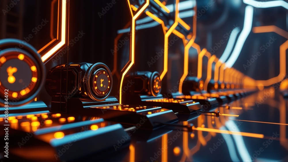 Fototapeta premium Futuristic corridor. Glowing orange lines illuminate dark metallic structures. Perspective creates depth, hinting at endless passage.
