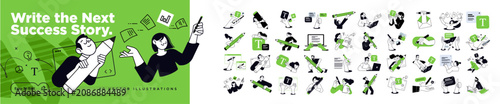 Write the next success story. Set of people vector illustrations in various activities of business and marketing content creation, social media, copywriting, prompt engineering, AI chatting, blogging.