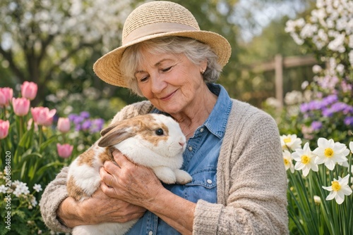 Smiling elderly woman cuddling her beloved pet rabbit in a colorful spring flower garden, expressing warmth, care, peaceful living and joyful companionship