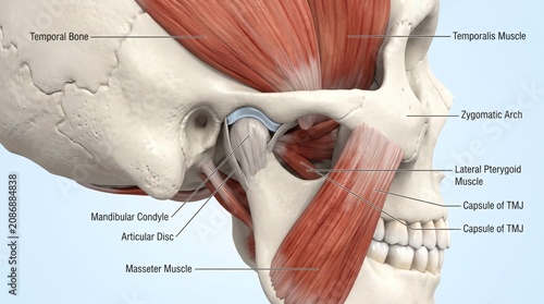 Detailed 3D illustration of human temporomandibular joint and jaw muscles.