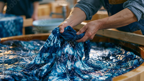 natural fiber dyer in a traditional Japanese studio carefully removing bound resist-wrapped fabric from an indigo fermentation vat, the tie-dye reveal unfurling in a burst of pattern, apprentice wai