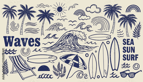 Photography Hand drawn vintage blue ink surfing doodles with palm trees surfboards and ocean
