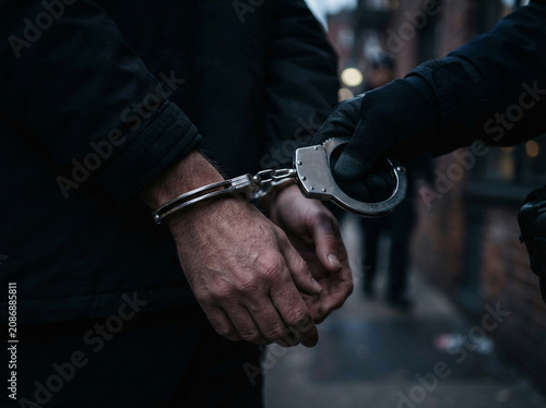 Police officer putting handcuffs on a criminal suspect hands during an arrest on a dark city street at night
