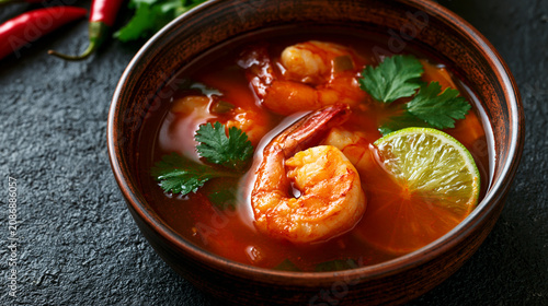 Spicy tomato soup with large prawns fresh parsley and lime slice in a rustic bowl