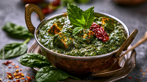 Traditional indian palak paneer spinach and cheese curry with mint leaves and chili