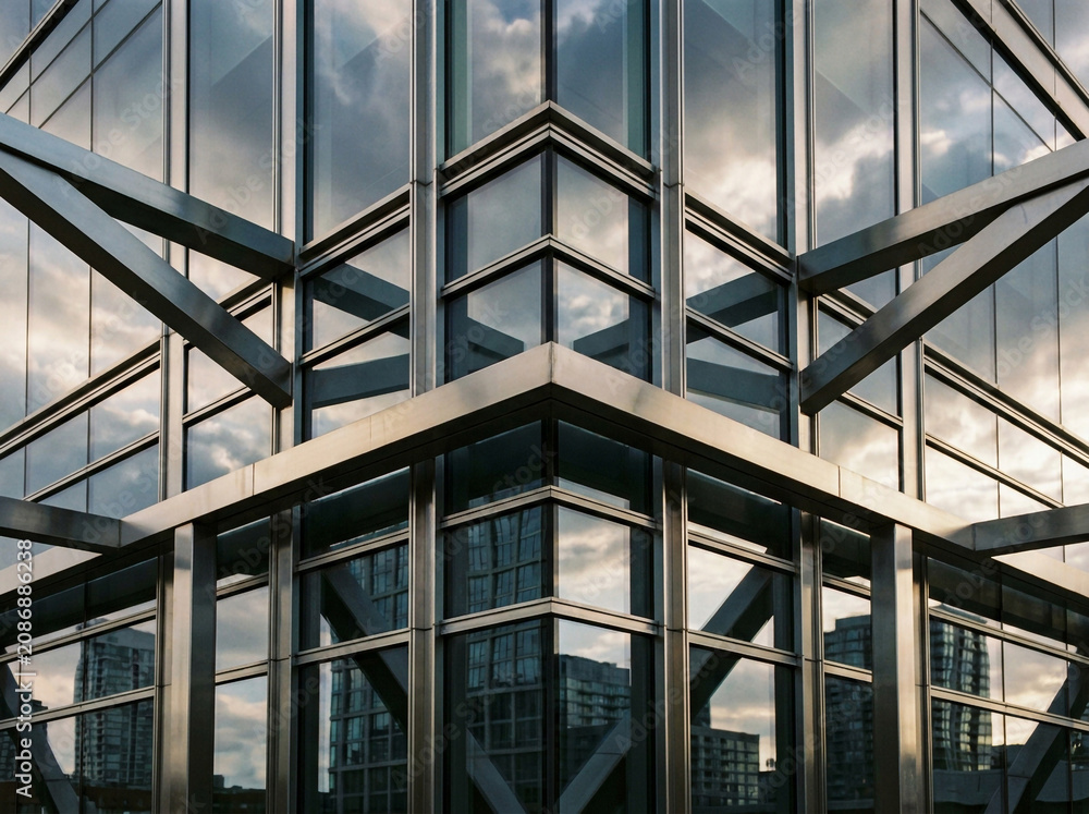 Obraz premium Modern office building facade with glass windows and steel beams showing architectural geometric patterns