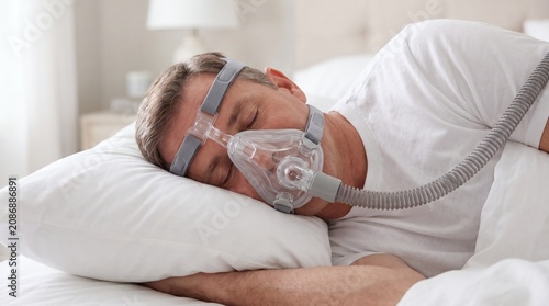 Man sleeping with CPAP mask for sleep apnea treatment in a comfortable bedroom setting.
