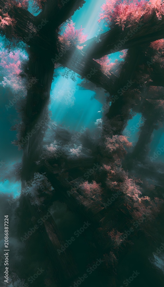 Fototapeta premium Sunken pier reveals a lost world of coral and tranquil turquoise underwater mystery