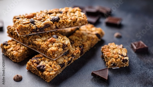 several homemade chocolate chip granola bars on dark surface dessert bars with chips sweet tasty snack perfect for breakfast