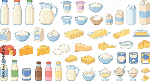 Dairy products clipart collection featuring milk bottles cheese butter yogurt cream cottage cheese and farm fresh ingredients vector illustration set