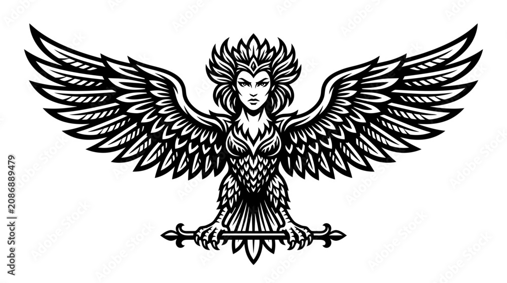 Obraz premium Mythical Griffin Woman Mascot with Wings and Sword - Black and White Emblem