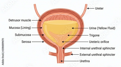 Anatomical illustration of the human urinary bladder and its internal structures.