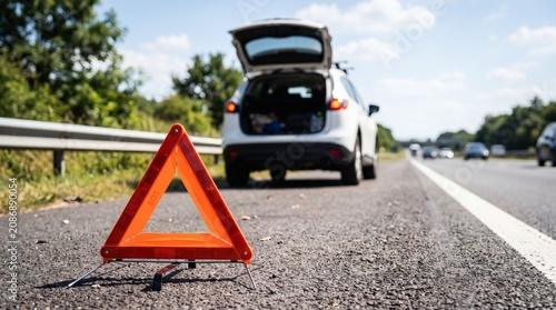 Car breakdown on the roadside with hazard warning triangle and open trunk.