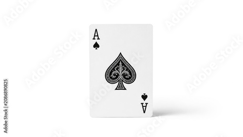 Ace of spades playing card standing on a white background with a soft shadow, minimalist studio product shot