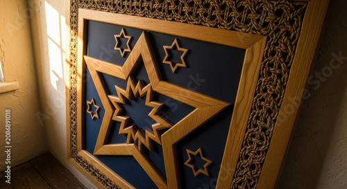 Ornate Star Motif Wood Carving On Dark Blue Background Artistic Design