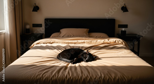 Peaceful Black Cat Napping On A Sunlit Bed In A Cozy Bedroom