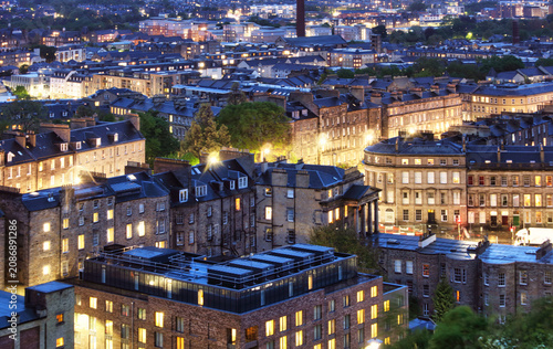 Old houses in Edinburgh at night, aerial view