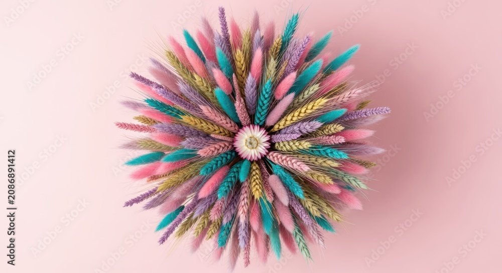 Obraz premium Top View of Vibrant Dyed Lagurus and Wheat Grasses in Circular Mandala Design on Pastel Pink