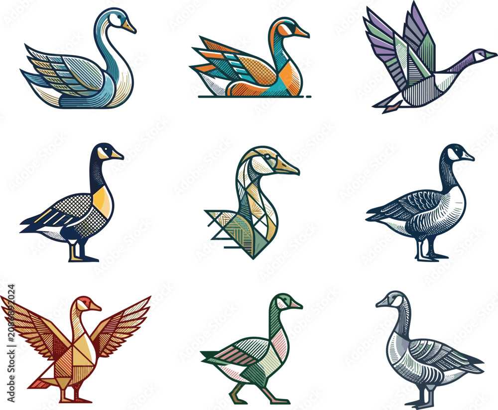 Fototapeta premium Geometric Waterfowl Bird Collection Featuring Swan Goose Duck and Flying Bird Icons in Colorful Polygonal Line Art Vector Set