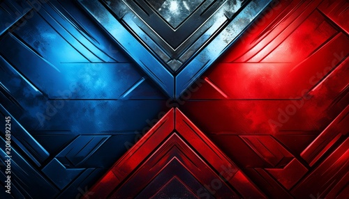 abstract versus grunge background with red and blue geometric metallic rhombus shapes for sports gaming and competitive battle designs