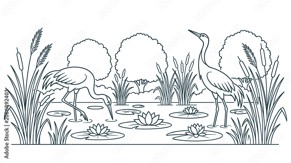 Fototapeta premium Two elegant cranes feeding in peaceful swamp vegetation.