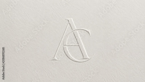 Embossed AC monogram on textured cream paper, minimalist elegant serif initials in blind emboss style