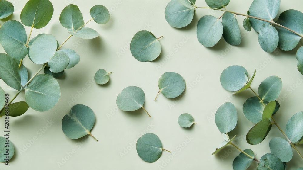 Obraz premium Flatlay of round eucalyptus leaves and branches scattered on a pale green background, soft minimalist botanical composition