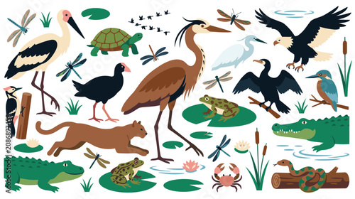 Fotografie Wildlife animal set of birds reptiles and swamp fauna.