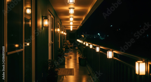 Outdoor Balcony Pathway Lit By Lanterns At Night Scenic View