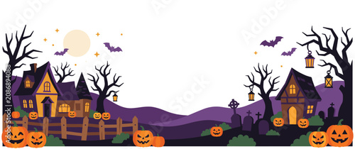 Spooky halloween village night landscape with pumpkins.
