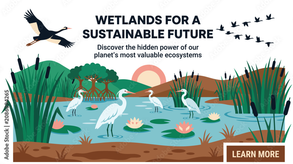 Fototapeta premium Wetlands for sustainable future banner with cranes flying.