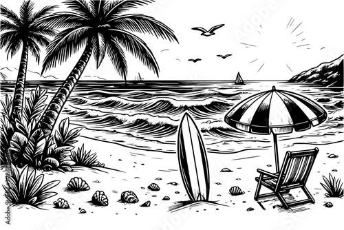 Palm trees shade a quiet beach with a surfboard, an umbrella, and a wooden chair.