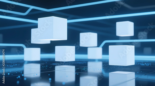 Floating white cubes in futuristic blue space