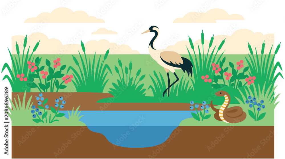 Fototapeta premium Wetlands nature illustration with great egret, snake, and pond.