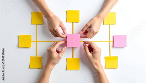 Top view of hands arranging colorful sticky notes in a connected workflow diagram, symbolizing teamwork, brainstorming, collaboration, project planning, and business strategy.