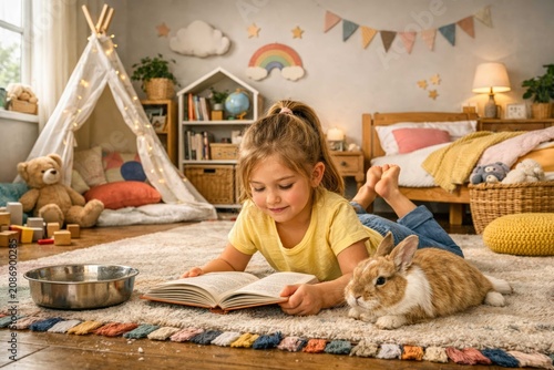 Little girl reading a favorite book beside her adorable rabbit in a cozy children's bedroom, inspiring learning, imagination and peaceful family moments