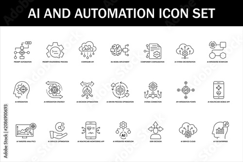 AI and Automation Icon Set Line Minimalist Workflow Vector Line Art with Editable Stroke