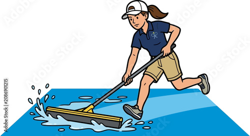 Court maintenance worker cleaning rain water at the us open
