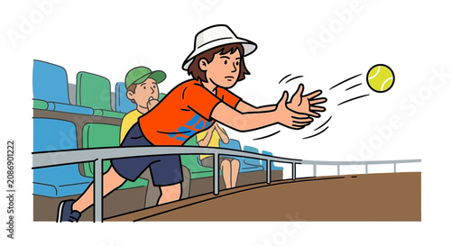 Tennis fan catching a ball in the stands at the us open