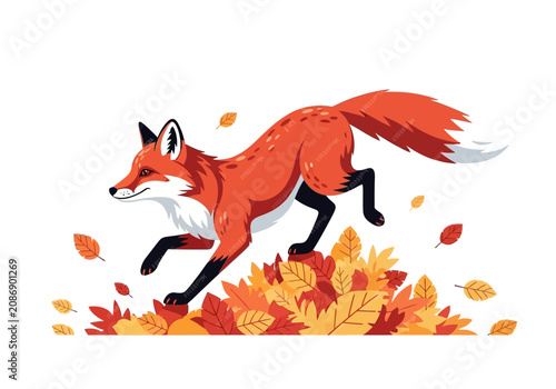 Bild auf Leinwand Running Red Fox in Autumn Leaves.