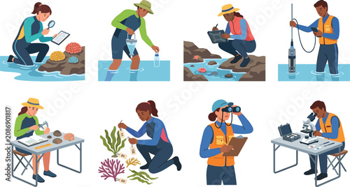 Tableau sur toile Marine Biology Field Research Flat Vector Illustration Set with Coastal Environm