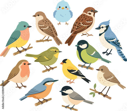 Schilderij op canvas Cute cartoon forest birds collection set with sparrow robin blue jay goldfinch c