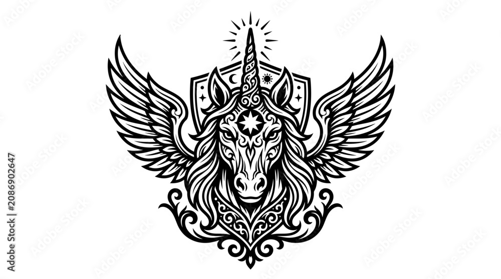 Fototapeta premium Winged Unicorn Emblem Tattoo Design Black and White Vector Art