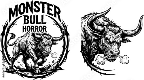 фотографія Aggressive Monster Bull, Horror Style, Black and White Illustration