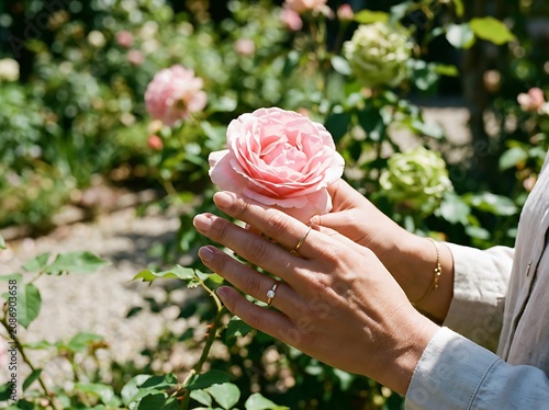 Person holding pink rose in outdoor garden setting.