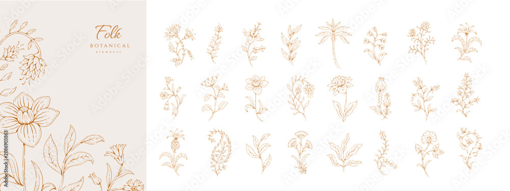 Fototapeta premium Seamless border with ethnic ornament elements and paisleys. Folk flowers and leaves for print or embroidery.