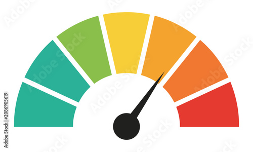 Semicircular progress meter with vibrant radial color segments and a black indicator needle against a solid white background minimal data visualization concept