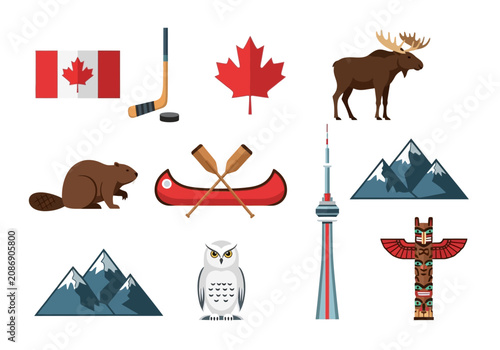Canadian symbols and wildlife icons set.