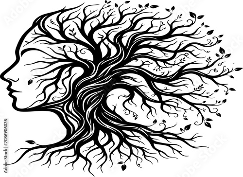 Human Tree Nature Fusion Silhouette - Abstract Black Vector for Ecological Balance and Wellness